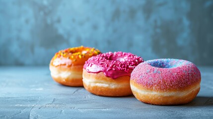 Homemade donuts with chocolate and sugar on a blue background, selective focus, side view