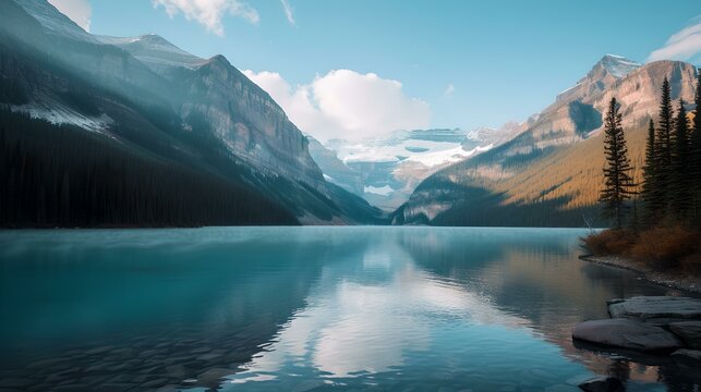 Serene mountain lake view with clear reflections and blue skies. perfect for wallpapers and backgrounds. nature photography. AI