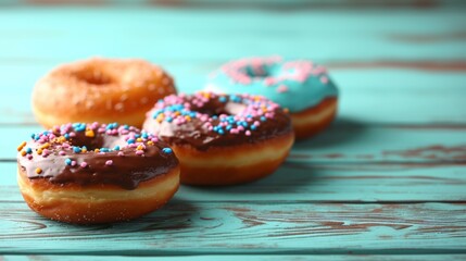Homemade donuts with chocolate and sugar on a blue wooden background, side view