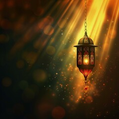 Abstract Glowing Lines Of Vibrant Light Rays Ramadan Background With Lantern. Eid Al Fitr Abstract Background. Ramadan Mubarak Social Media Banner Background