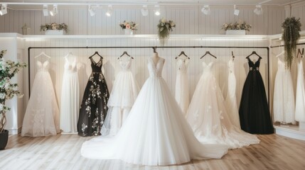 In the soft lighting, a lineup of delicate wedding dresses exudes romance and the promise of a joyful tomorrow