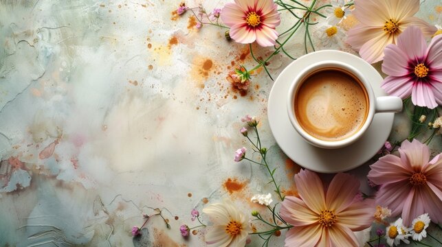 Cup of coffee with flowers on pastel background. Top and side view.