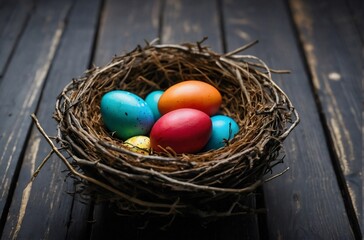 Colourful Easter eggs in nest