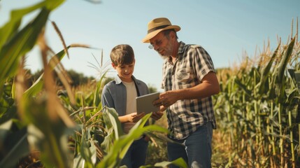 Naklejka na ściany i meble Dad shows son how to use digital tablet for business purposes in corn field farming.