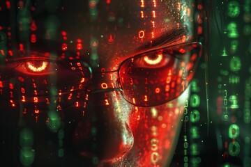 Intense close-up of a man's face with eyeglasses, immersed in a red-hued digital code matrix, symbolizing data analysis or cyber monitoring.