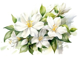 Fototapeta na wymiar Watercolor Jasmine Isolated, Aquarelle Spring Blossom, Creative Watercolor White Jasmine Flowers on White