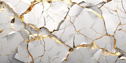 Gold Kintsugi Texture Background, Luxury Golden Kintsukuroi Pattern, Crack Broken White Marble