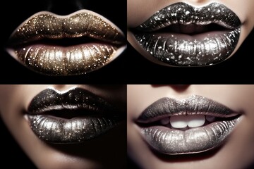 Woman Lips Closeup, Golden Lipstick, Gold Makeup, Beautiful Mouth Make-Up, Model Girl Lip - obrazy, fototapety, plakaty