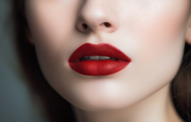 Naklejka premium Woman Lips Closeup, Red Lipstick Makeup, Beautiful Mouth Make-Up, Model Girl Lip, Lips Macro