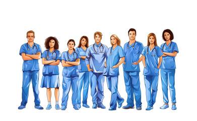 Healthcare doctor team in blue uniform, Transparent background, PNG.