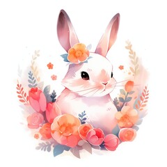 Small cute rabbit with spring flowers and leaves isolated on white background. Easter cartoon character for design greeting card, banner, sticker. Baby shower concept  
