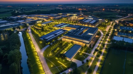Aerial view of a modern business park illuminated at twilight, showcasing architectural design.
