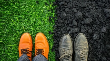  A visual representation illustrating the choices in reducing carbon footprint: one foot resting on lush green grass while the other stands on burning coal.