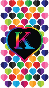 Letter K in the heart of the colorful hearts on a white background. Suitable for Modern Mobile Phone Wallpaper. 4k Mobile Wallpaper