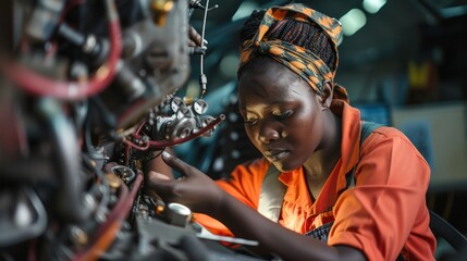 African female mechanic conducting a thorough check of helicopter components with a flashlight.