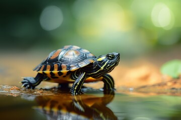 Obraz premium A small turtle trekking through shallow water with a backdrop of green foliage.