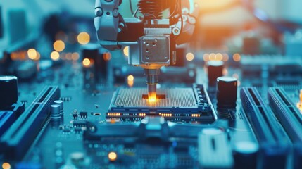 Industrial robot depicted in close-up as it installs central processing unit on motherboard, showcasing microchip manufacturing automation. - obrazy, fototapety, plakaty