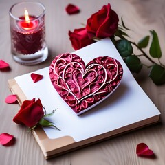 An image with a beautiful heart shape valentine day card with a red rose and candlelit,  gift for loved ones, 