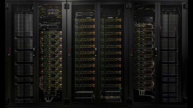 Network server room with multiple rows of fully functioning server racks. Modern telecommunications