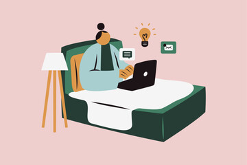 Woman with laptop in bed Vector Illustration