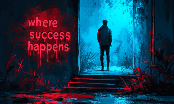 Person standing at the threshold of their comfort zone facing the path to where success happens, a metaphor for personal growth and ambition
