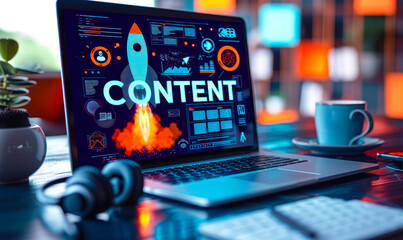 Digital content creation concept with a rocket launch graphic on a laptop screen, indicating dynamic content marketing, with a coffee cup and earphones on a desk