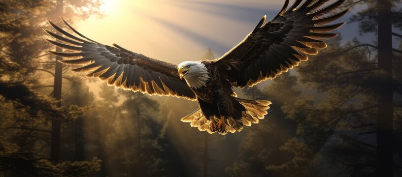 Eagle flying through the woods,with outstretched wings, sunset wildlife