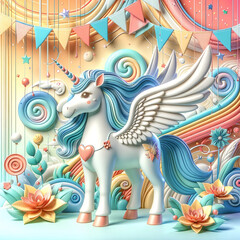 3D Festive Unicorn With Wings Standing Amidst a Whimsical Environment