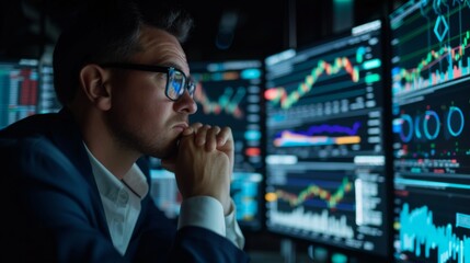 A focused trader monitoring financial markets on multiple screens, suitable for finance, trading, and investment-related content