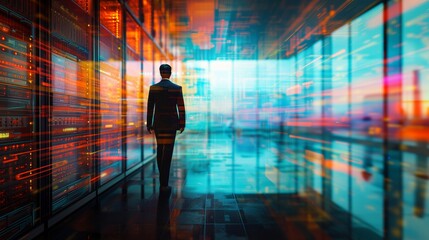 Futuristic concept of a woman walking through a data center with digital interface lines, related to technology and innovation