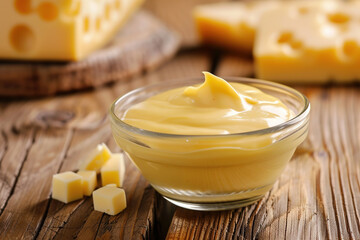 Homemade cheese sauce in glass bowl on wooden background with blurred piece of cheese