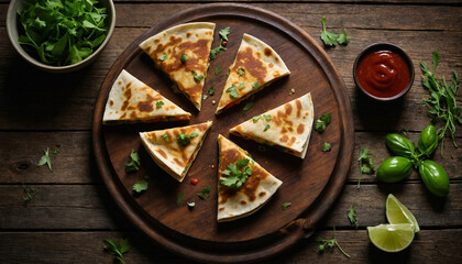 Obraz na płótnie Canvas A vegetable quesadilla sliced into neat triangles arranged artistically on a weathered wooden board, accompanied by fresh herbs and lime wedges, inviting viewers to indulge in its savory flavors
