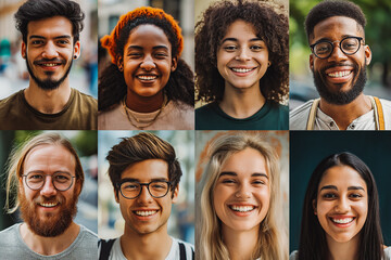 Collage of diverse multi-ethnic and mixed age people smiling to camera.