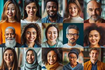 Collage of diverse multi-ethnic and mixed age people smiling to camera.