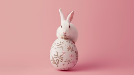 White Rabbit Perched on Decorative Egg Against Pink Background, Ideal for Easter Promotions and Springtime Themes