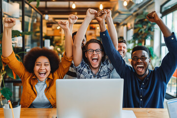 Happy diverse successful business team celebrating a triumph with arms up in start up office. Multiethnic business group with laptop screaming.