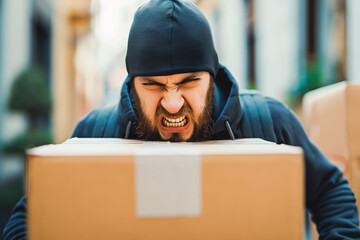 Man angry with his package delivery. He is angry because his contribution package is damaged. - obrazy, fototapety, plakaty