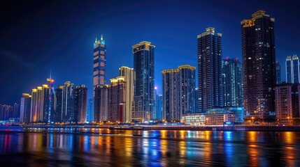 Fototapeta premium tall buildings in the night city against a dark background, focusing on realism and high detail to convey the urban atmosphere.