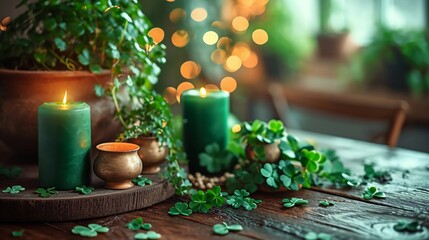 Rustic wooden table with St. Patrick's Day decorations including green candles, shamrocks, and pot of gold. Wide-format St. Patrick's Day banner. AI Generated