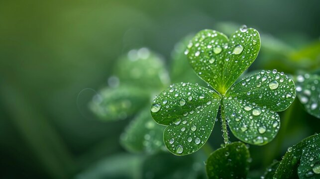 Close-up image of Irish Shamrock with drops of dew on its leaves. Wide-format St. Patrick's Day banner with copy space. AI Generated