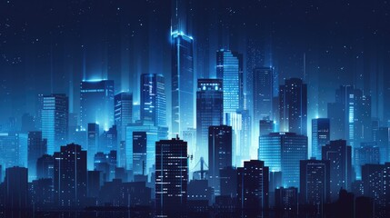 tall buildings in the night city against a dark background, focusing on realism and high detail to convey the urban atmosphere.