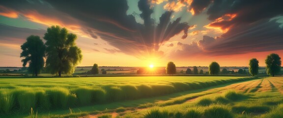 Naklejka na ściany i meble Countryside landscape at sunset. Green fields of rye. Generative AI