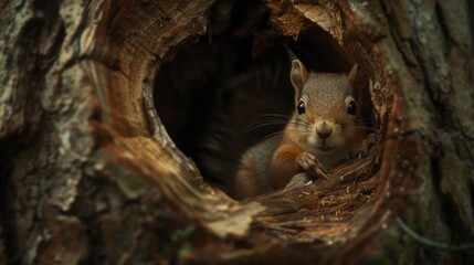 a baby squirrel as it explores and frolics within a cozy hole in a tree, showcasing the innocence and charm of wildlife in a natural setting.