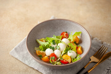 Salad with lettuce, mozzarella and tomatoes in a plate on the table. Caprese salad.