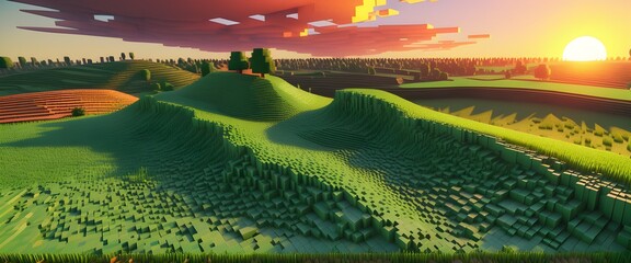 Voxel surface vibrant sunset over summer landscape country side green grass. Generative AI