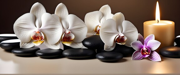Obraz na płótnie Canvas Zen inspired spa setting. Black matte stones, orchids and candles. Stress relief concept. Generative AI