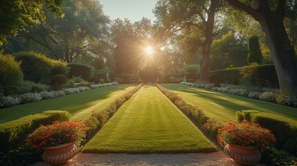 The garden is in a French style with plants trimmed up in classic forms. It is photographed with select focus and on a high quality camera. - obrazy, fototapety, plakaty