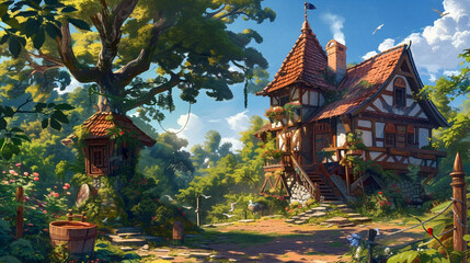 Fototapeta premium Medieval Environment Illustration. Beautiful 4K vintage town, vibrant colors. Generative AI