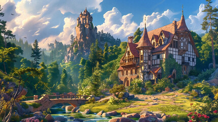 Medieval Environment Illustration. Beautiful 4K vintage town, vibrant colors. Generative AI