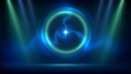 Bblue green spotlight backdrop. Stage with green blue circular lighting background, ball lightning. Light fluorescent ring on dark backdrop. Glowing circle. Background displaying products. Vector